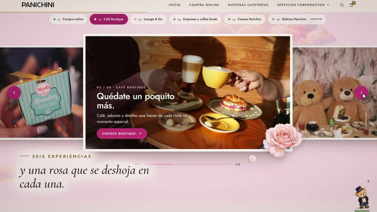 Experiencia Café Boutique: tarjeta con fotografía de café y pasteles sobre fondo rosado