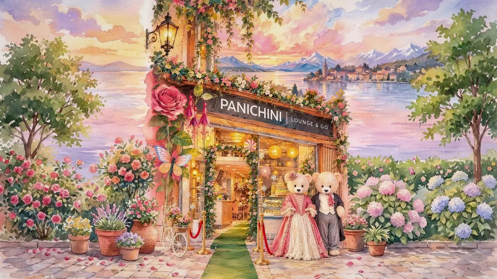 Portada en acuarela: la fachada de Panichini Lounge & Go con sus dos ositos anfitriones frente al lago