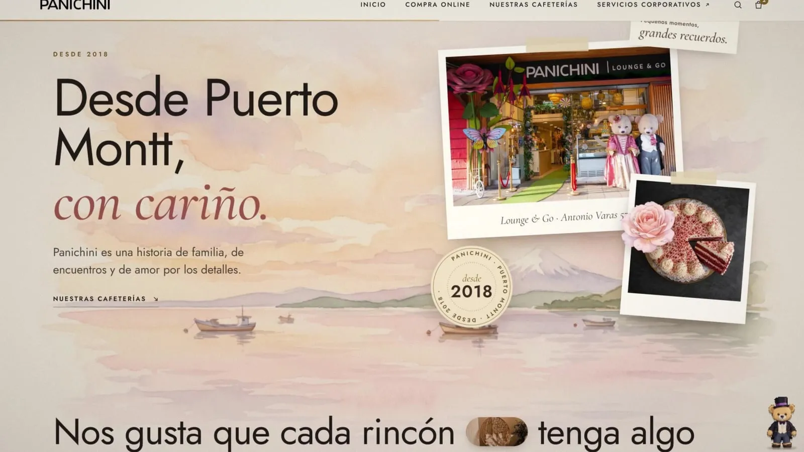 Sección “Desde Puerto Montt, con cariño” con fotografías de la fachada y un sello de 2018 sobre un paisaje de acuarela